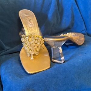 Catwalk collectibles size 39 Gold Embellished Sandals. clear strap and heel
